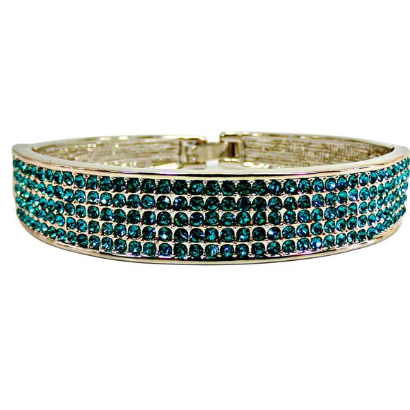 Light blue crystal bangle bracelet, expands open, pave aqua blue crystals - Picture 1 of 11